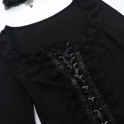 Goth Black Lace Trim Long Sleeve T-Shirts Vintage Sexy Lace-up Square Collar Tops with Choker Cross Women Autumn Tees