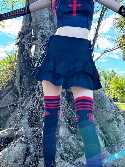 AltGoth Y2k Gothic Cake Skirt Women Dark Punk Streetwear Bandage High Waist Skirt Harajuku Grunge Emo Alternative Clubwear Skirt