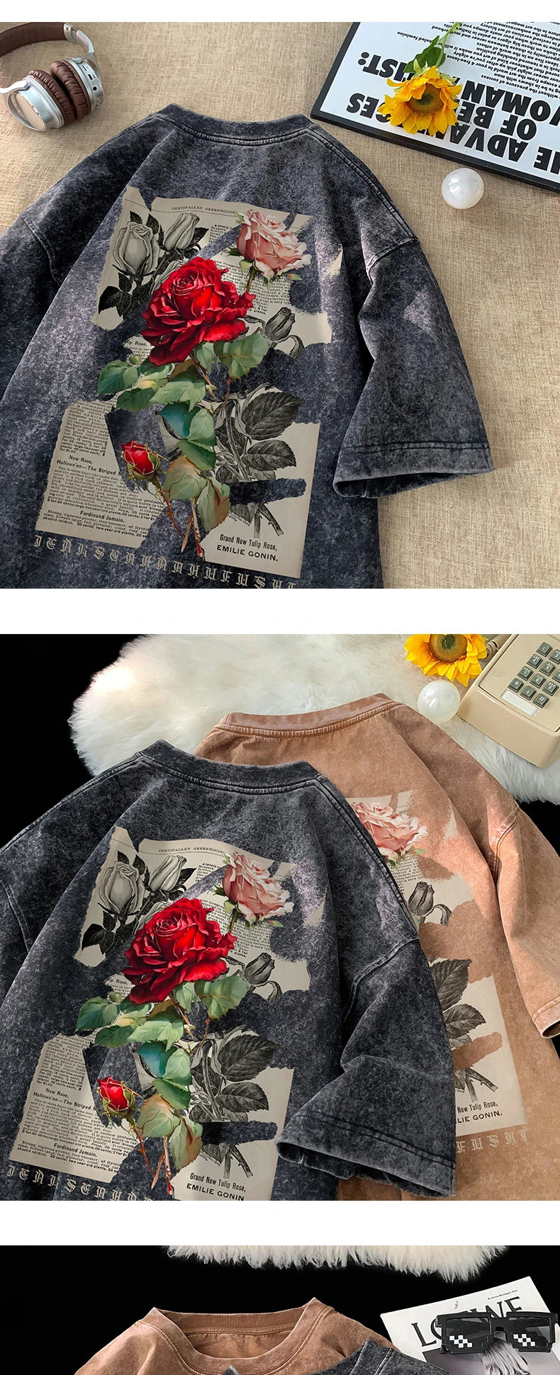 Gothic Washed T-Shirt for Men Vintage Rose Graphic Short Sleeve Tee Tops Hip Hop Street Couple Tshirts Men Women Clothing