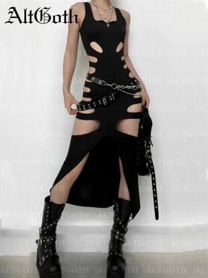 AltGoth Harajuku Gothic Dark Dress Women Streetwear Cyber Punk Y2k E-girl Grunge Sexy Hollow Out High Waist Bodycon Dress Female