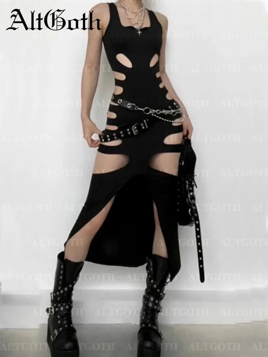 AltGoth Harajuku Gothic Dark Dress Women Streetwear Cyber Punk Y2k E-girl Grunge Sexy Hollow Out High Waist Bodycon Dress Female