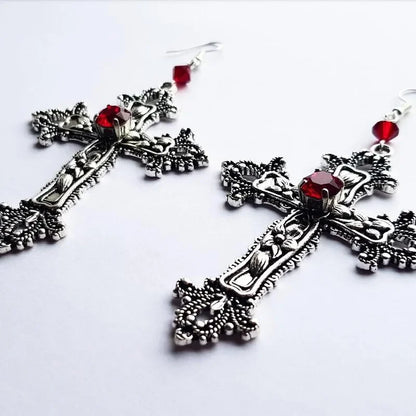 Goth Large Detailed Cross Black Drill Jewel Earrings Silver Color Gothic Punk Jewellery Fashion Gorgeous Statement Women Gift