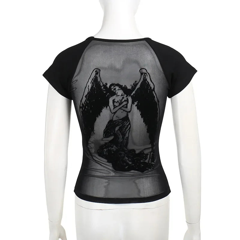 Gothic See Through Angel Graphic Print T-shirt for Women Goth Punk Slim Fit Sexy Mesh Y2k Long Sleeve Grunge Transparent