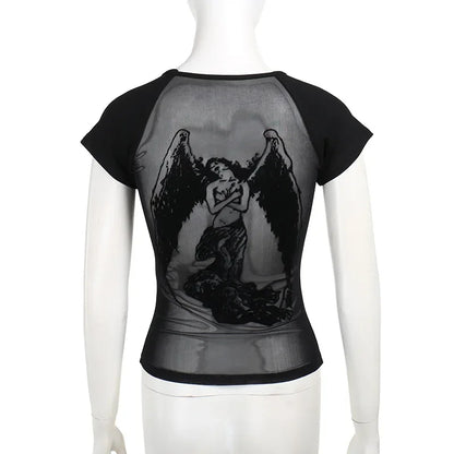Gothic See Through Angel Graphic Print T-shirt for Women Goth Punk Slim Fit Sexy Mesh Y2k Long Sleeve Grunge Transparent