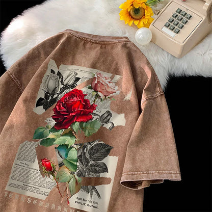 Gothic Washed T-Shirt for Men Vintage Rose Graphic Short Sleeve Tee Tops Hip Hop Street Couple Tshirts Men Women Clothing