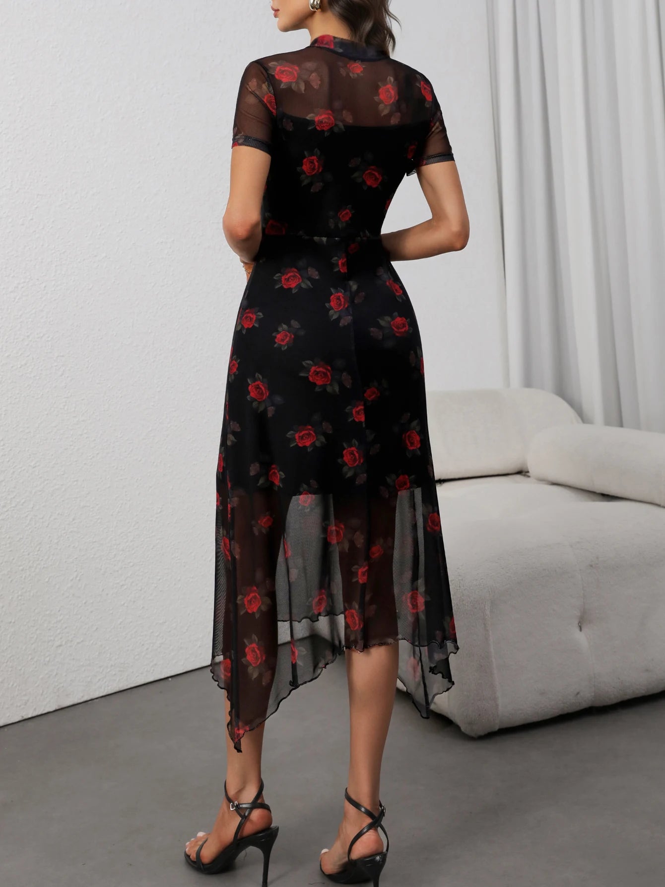 Goth Dark Elegant Fashion Florals Print Short Sleeve Mid Dress Fairy Grunge Mesh Patchwork Double Layer Dresses Gothic Techwear