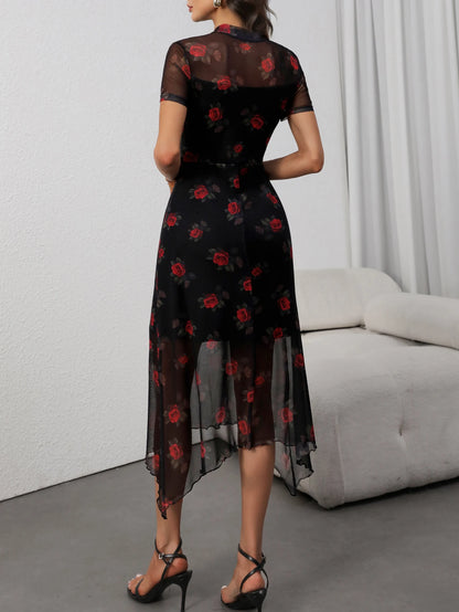 Goth Dark Elegant Fashion Florals Print Short Sleeve Mid Dress Fairy Grunge Mesh Patchwork Double Layer Dresses Gothic Techwear