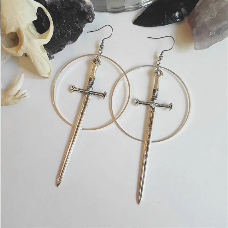 Golden Colour Goth Swords Earrings Long Gothic Medieval Tarot Viking Alternative Statement Women Men Gift Mystical Jewellery