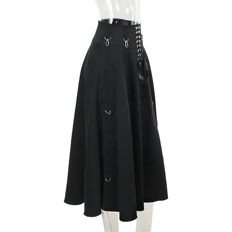 Goth Dark Acubi Fashion Black Swing A-line Skirt Punk Grunge Metal Buckle Streetwear Bandage Skirts Mall Gothic Alt Clother