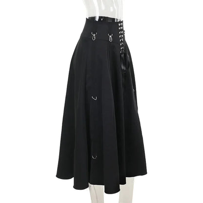 Goth Dark Acubi Fashion Black Swing A-line Skirt Punk Grunge Metal Buckle Streetwear Bandage Skirts Mall Gothic Alt Clother