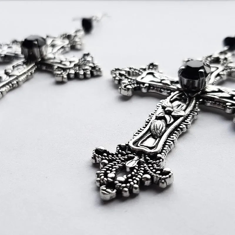 Goth Large Detailed Cross Black Drill Jewel Earrings Silver Color Gothic Punk Jewellery Fashion Gorgeous Statement Women Gift