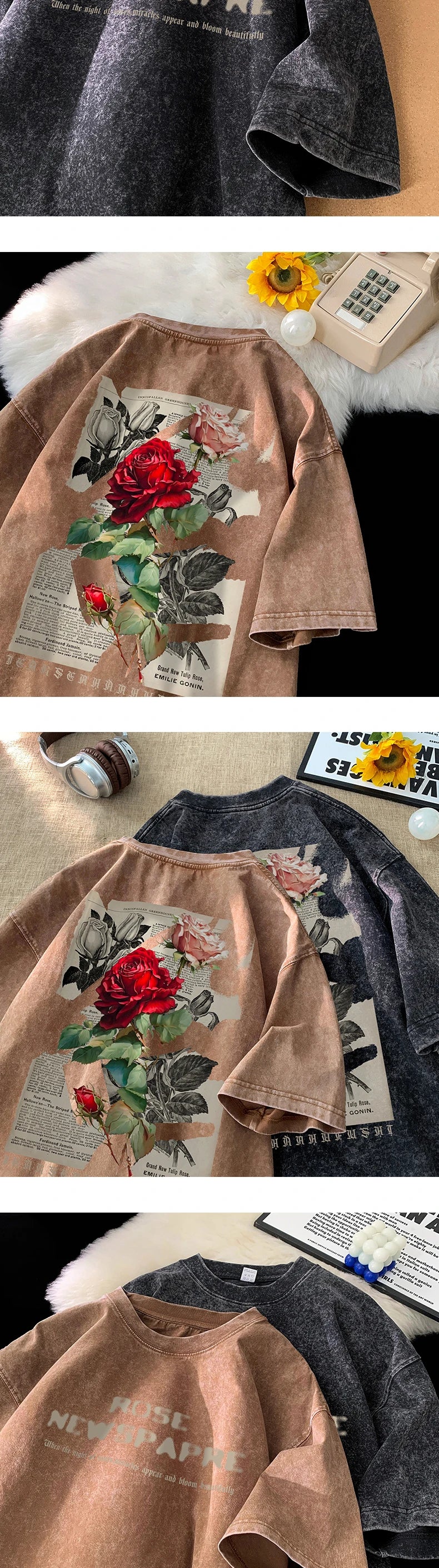 Gothic Washed T-Shirt for Men Vintage Rose Graphic Short Sleeve Tee Tops Hip Hop Street Couple Tshirts Men Women Clothing