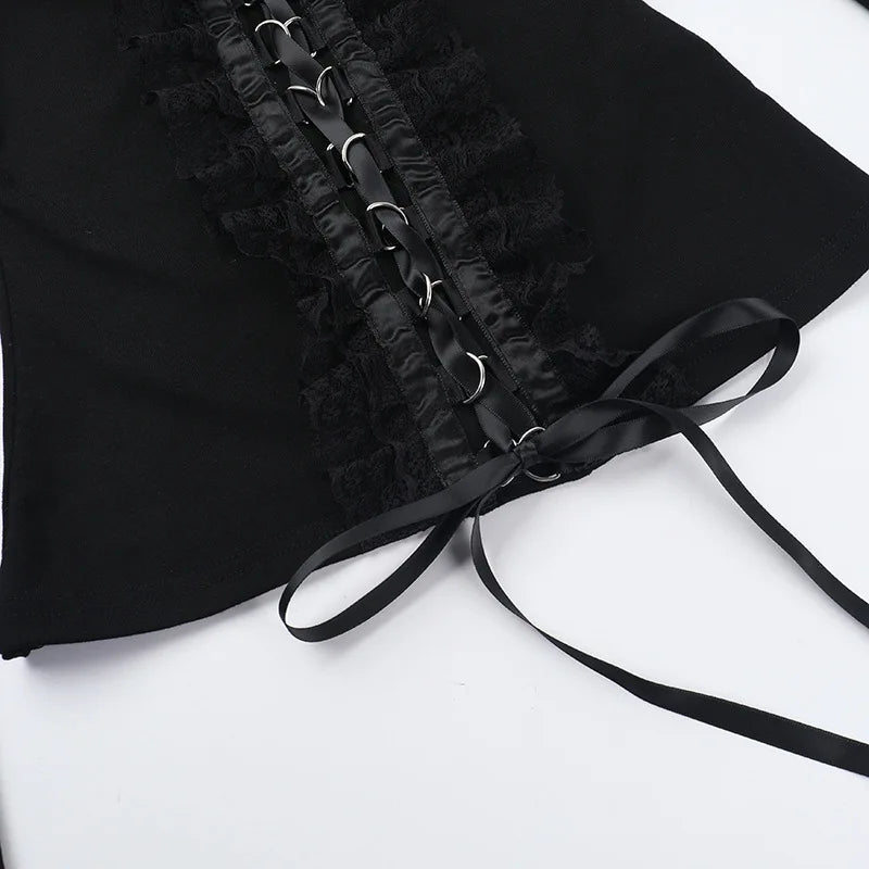 Goth Black Lace Trim Long Sleeve T-Shirts Vintage Sexy Lace-up Square Collar Tops with Choker Cross Women Autumn Tees