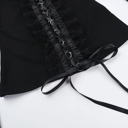 Goth Black Lace Trim Long Sleeve T-Shirts Vintage Sexy Lace-up Square Collar Tops with Choker Cross Women Autumn Tees