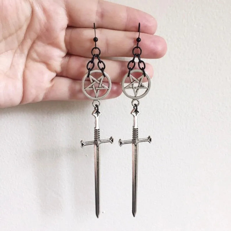 Golden Colour Goth Swords Earrings Long Gothic Medieval Tarot Viking Alternative Statement Women Men Gift Mystical Jewellery