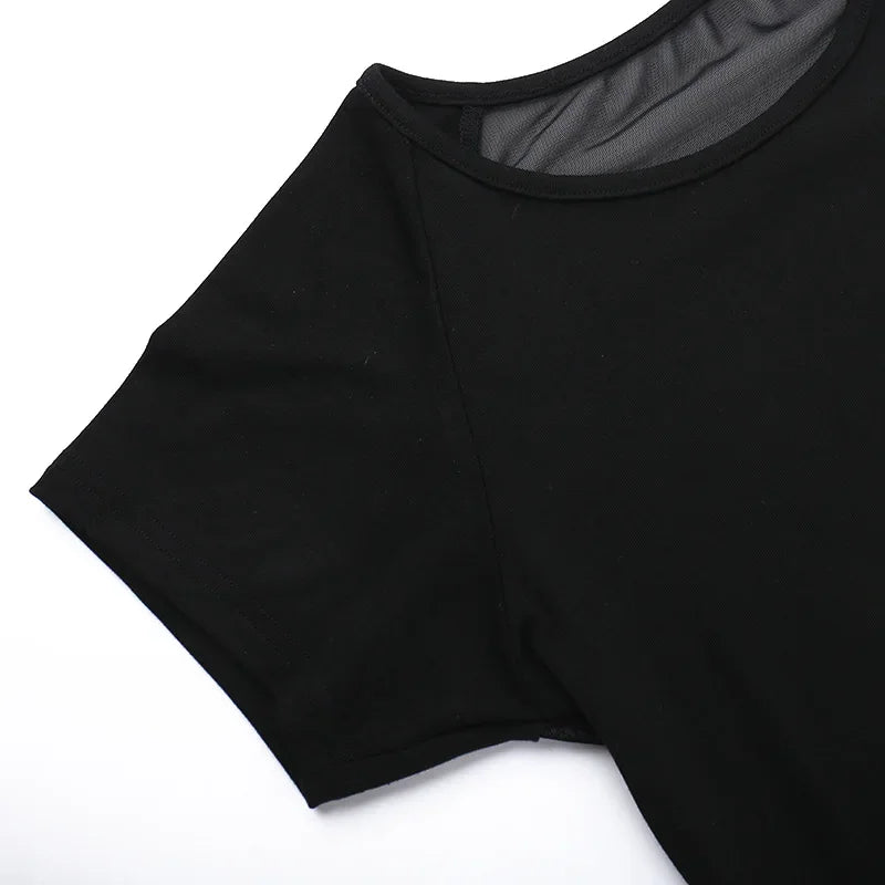 Gothic See Through Angel Graphic Print T-shirt for Women Goth Punk Slim Fit Sexy Mesh Y2k Long Sleeve Grunge Transparent