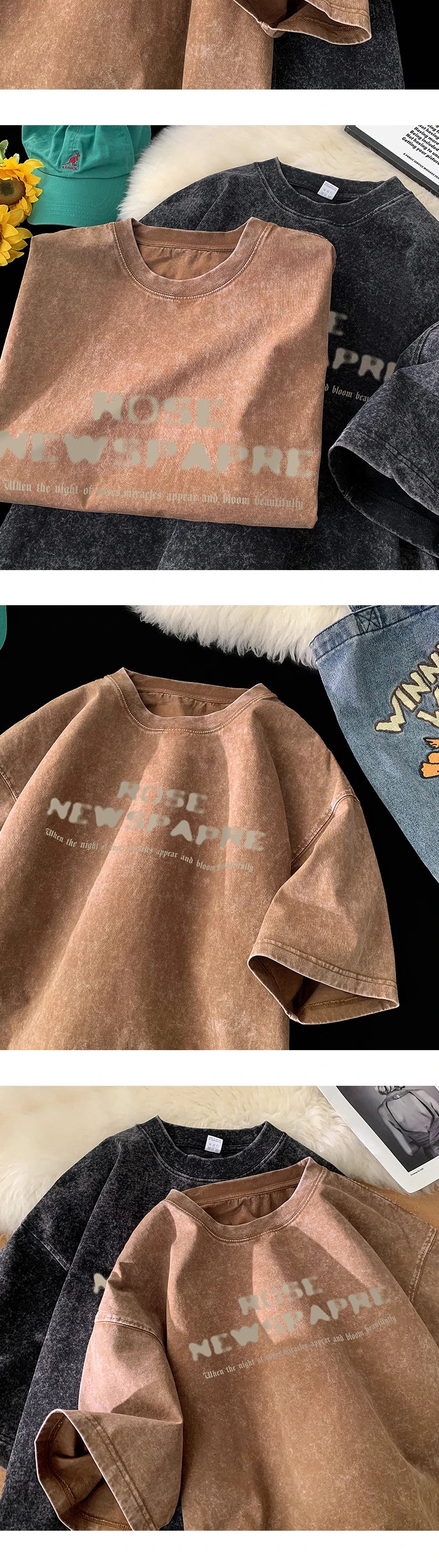 Gothic Washed T-Shirt for Men Vintage Rose Graphic Short Sleeve Tee Tops Hip Hop Street Couple Tshirts Men Women Clothing