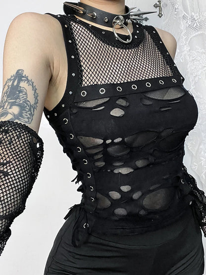 AltGoth Cyber Y2k Hole Vest Women Streetwear Harajuku Vintage Gothic Sexy O-neck Mesh Patchwork See Through Crop Tank Tops Femme
