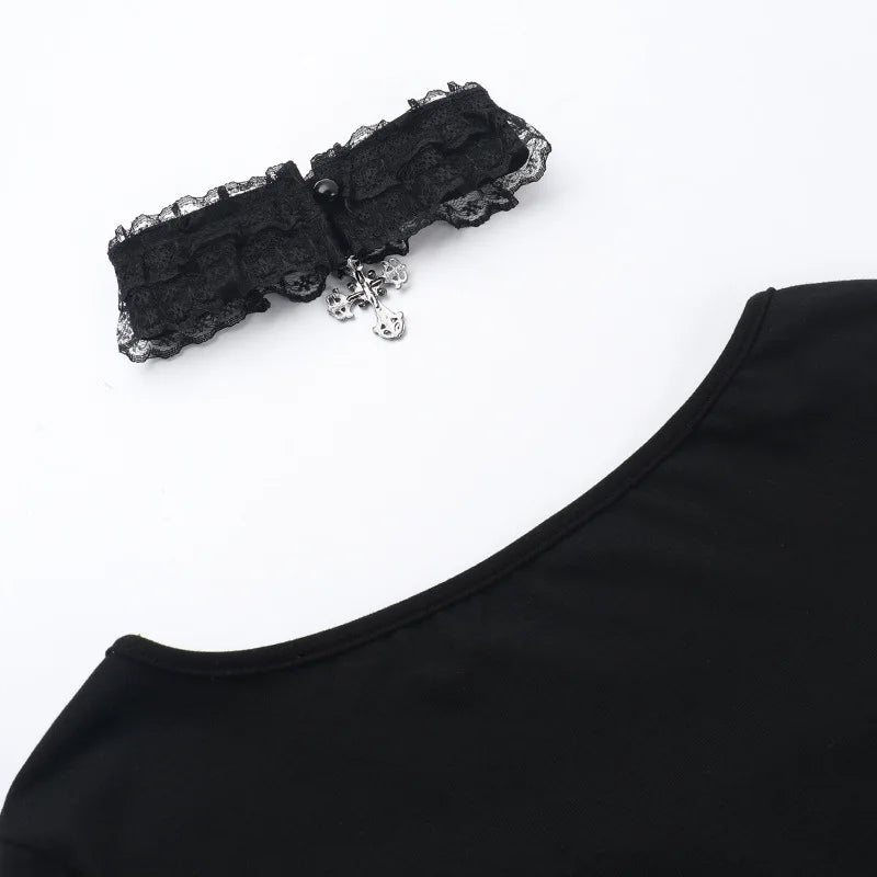 Goth Black Lace Trim Long Sleeve T-Shirts Vintage Sexy Lace-up Square Collar Tops with Choker Cross Women Autumn Tees