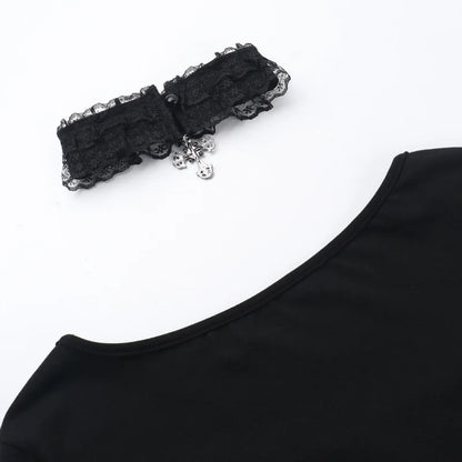 Goth Black Lace Trim Long Sleeve T-Shirts Vintage Sexy Lace-up Square Collar Tops with Choker Cross Women Autumn Tees