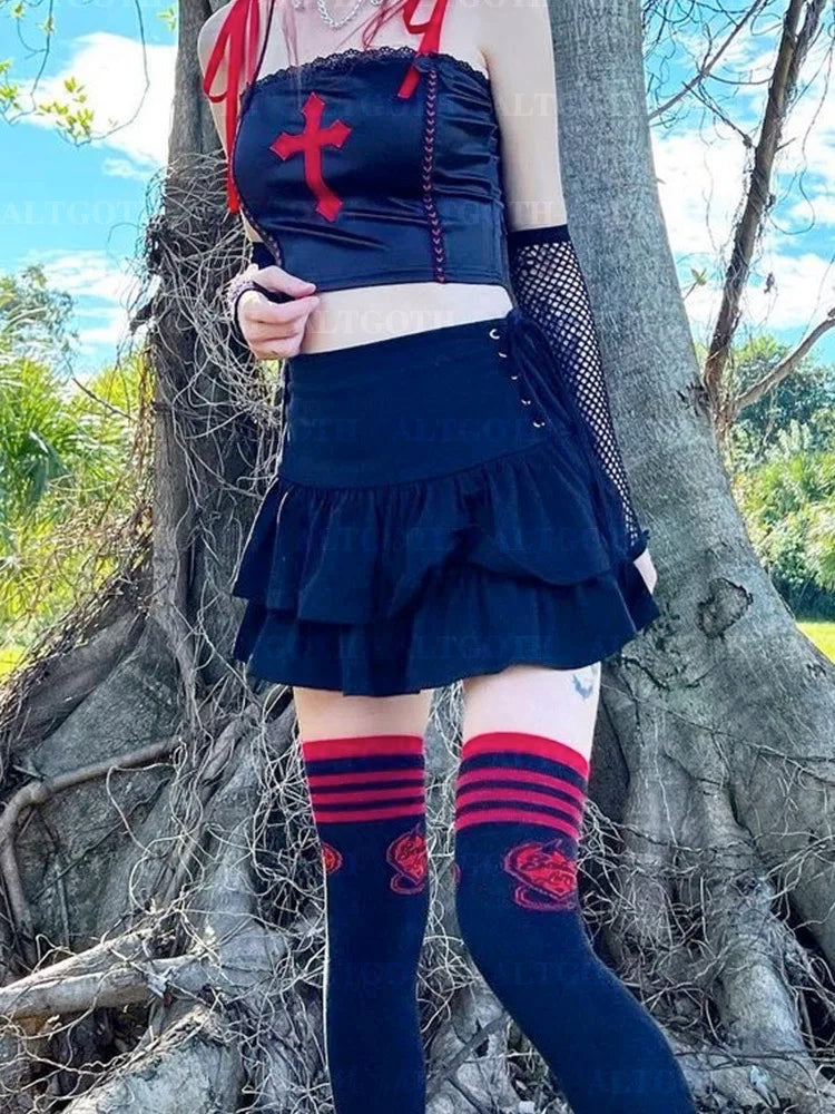 AltGoth Y2k Gothic Cake Skirt Women Dark Punk Streetwear Bandage High Waist Skirt Harajuku Grunge Emo Alternative Clubwear Skirt