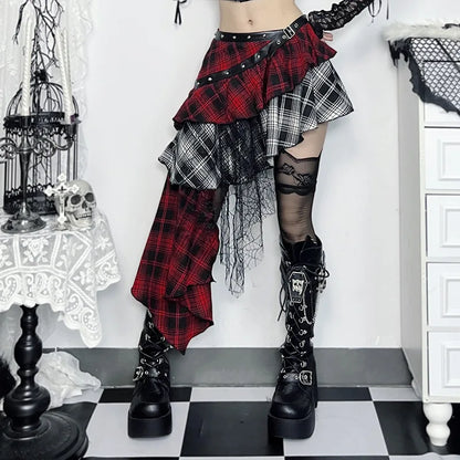 AltGoth Harajuku Grunge Gothic Skirt Women Streetwear Punk Dark Plaid Patchwork Irregular Skirt Y2k E-girl Emo Alternative Skirt