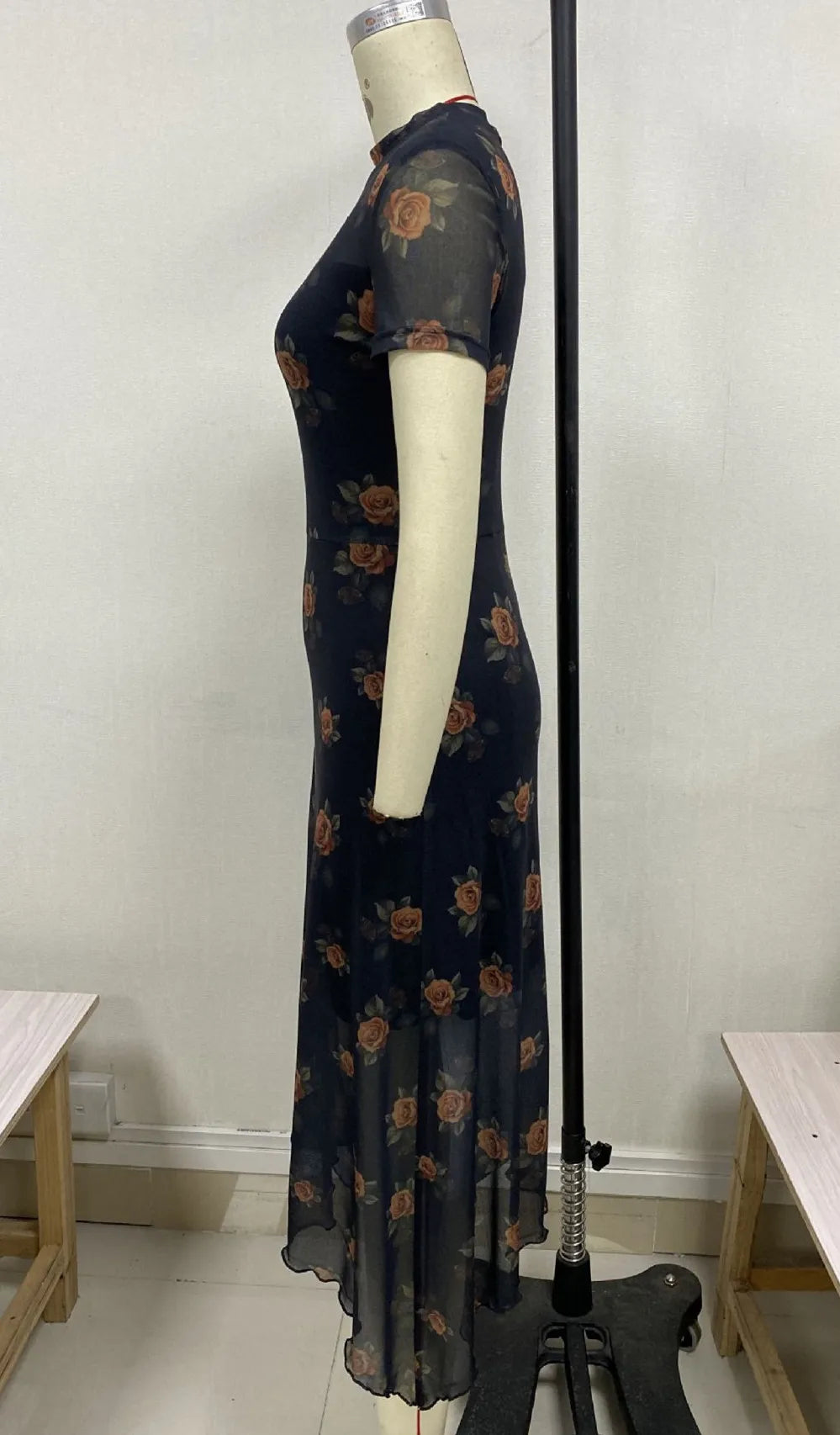 Goth Dark Elegant Fashion Florals Print Short Sleeve Mid Dress Fairy Grunge Mesh Patchwork Double Layer Dresses Gothic Techwear