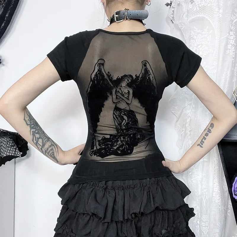 Gothic See Through Angel Graphic Print T-shirt for Women Goth Punk Slim Fit Sexy Mesh Y2k Long Sleeve Grunge Transparent