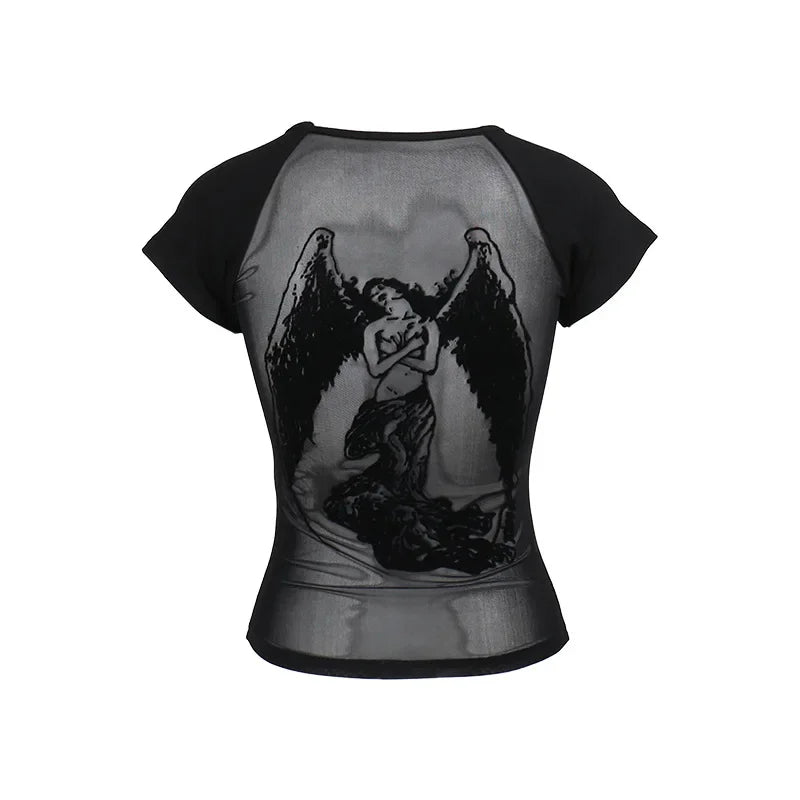 Gothic See Through Angel Graphic Print T-shirt for Women Goth Punk Slim Fit Sexy Mesh Y2k Long Sleeve Grunge Transparent