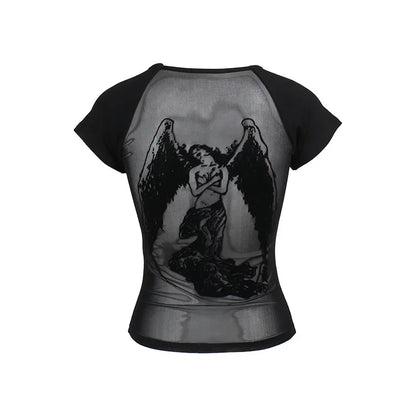 Gothic See Through Angel Graphic Print T-shirt for Women Goth Punk Slim Fit Sexy Mesh Y2k Long Sleeve Grunge Transparent