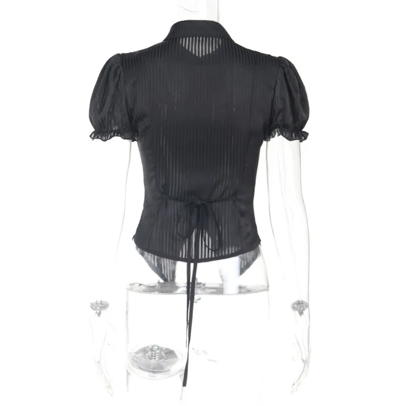 Goth Dark Kawaii Black Short Sleeve Buttons Shirt Lace-up Blouses Mall Gothic Slim Lapel Collar Stripe Shirts Women Alt Techwear