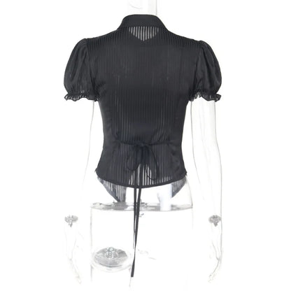 Goth Dark Kawaii Black Short Sleeve Buttons Shirt Lace-up Blouses Mall Gothic Slim Lapel Collar Stripe Shirts Women Alt Techwear