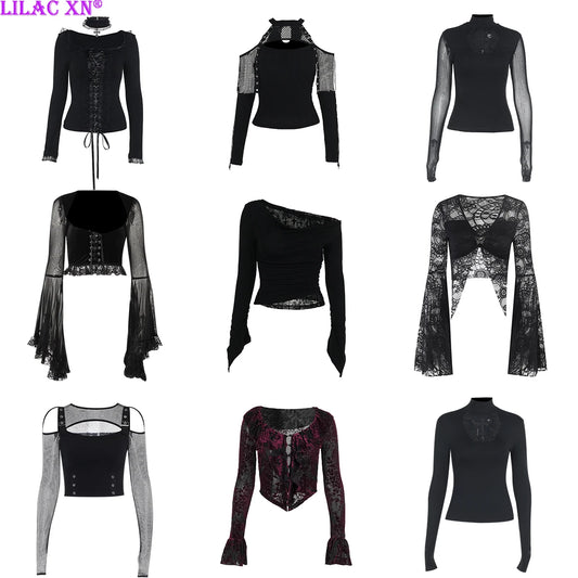 Goth Sexy Lace Mesh Flared Long Sleeve Corset Crop Tops Y2K Harajuku Vintage Aesthetic Black T-shirts Women Tops Tees Streetwear