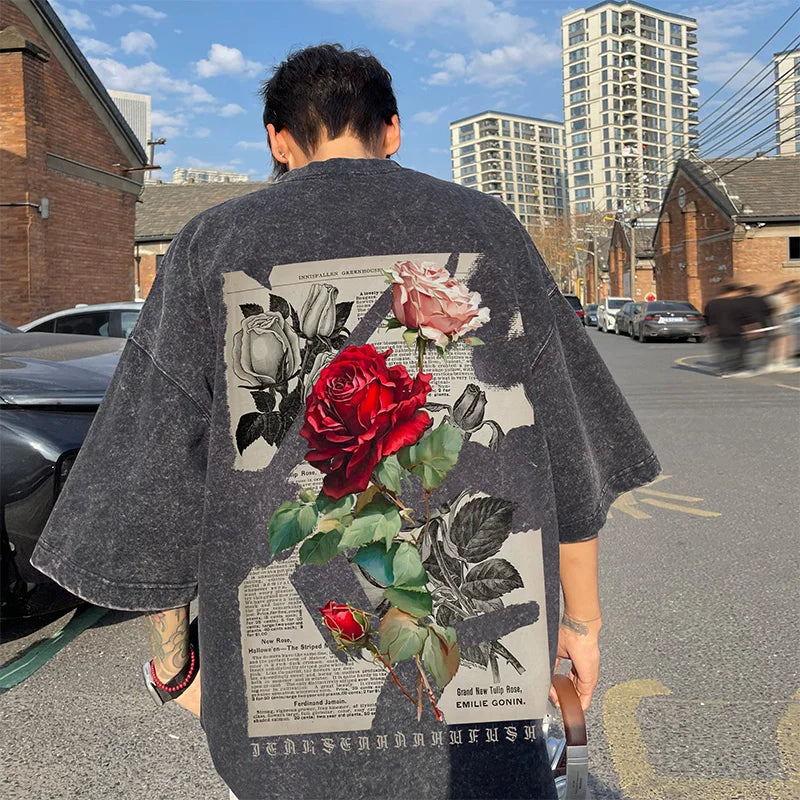 Gothic Washed T-Shirt for Men Vintage Rose Graphic Short Sleeve Tee Tops Hip Hop Street Couple Tshirts Men Women Clothing