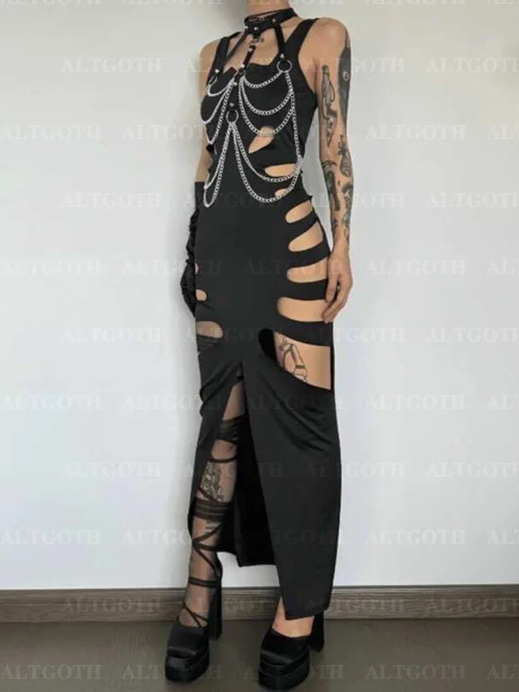 AltGoth Harajuku Gothic Dark Dress Women Streetwear Cyber Punk Y2k E-girl Grunge Sexy Hollow Out High Waist Bodycon Dress Female