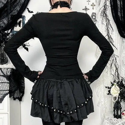 Goth Black Lace Trim Long Sleeve T-Shirts Vintage Sexy Lace-up Square Collar Tops with Choker Cross Women Autumn Tees