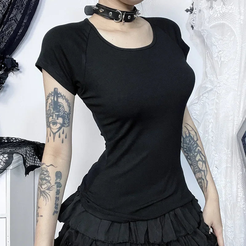 Gothic See Through Angel Graphic Print T-shirt for Women Goth Punk Slim Fit Sexy Mesh Y2k Long Sleeve Grunge Transparent