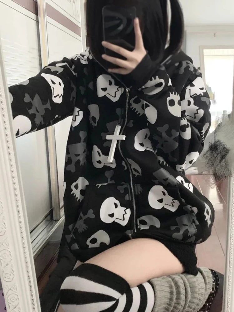 AltGoth Cyberpunk Y2k Sweatshirt Women Mall Goth Harajuku Skull Printed Long Sleeve Zipper Cardigan Hoodie Emo Alt Indie Clothes