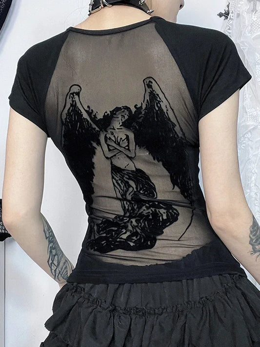 Gothic See Through Angel Graphic Print T-shirt for Women Goth Punk Slim Fit Sexy Mesh Y2k Long Sleeve Grunge Transparent