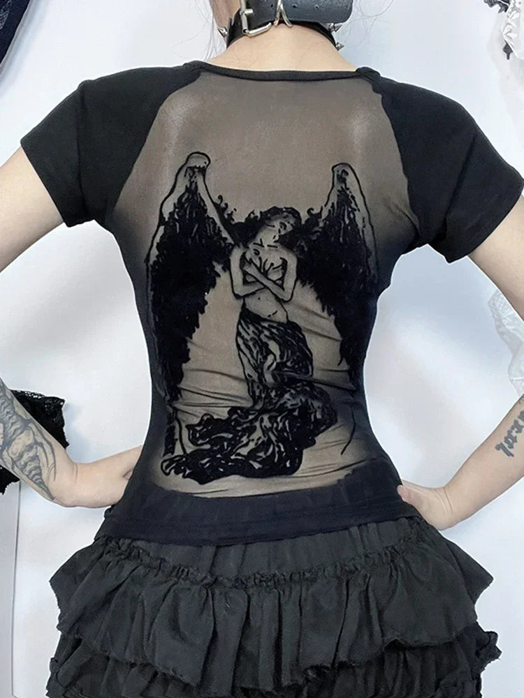 Gothic See Through Angel Graphic Print T-shirt for Women Goth Punk Slim Fit Sexy Mesh Y2k Long Sleeve Grunge Transparent