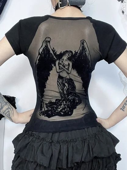 Gothic See Through Angel Graphic Print T-shirt for Women Goth Punk Slim Fit Sexy Mesh Y2k Long Sleeve Grunge Transparent