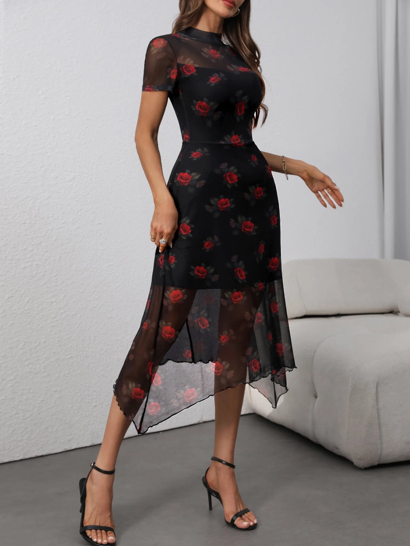 Goth Dark Elegant Fashion Florals Print Short Sleeve Mid Dress Fairy Grunge Mesh Patchwork Double Layer Dresses Gothic Techwear