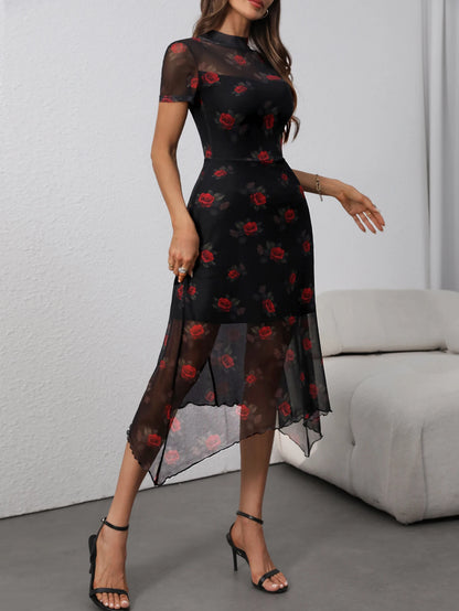 Goth Dark Elegant Fashion Florals Print Short Sleeve Mid Dress Fairy Grunge Mesh Patchwork Double Layer Dresses Gothic Techwear