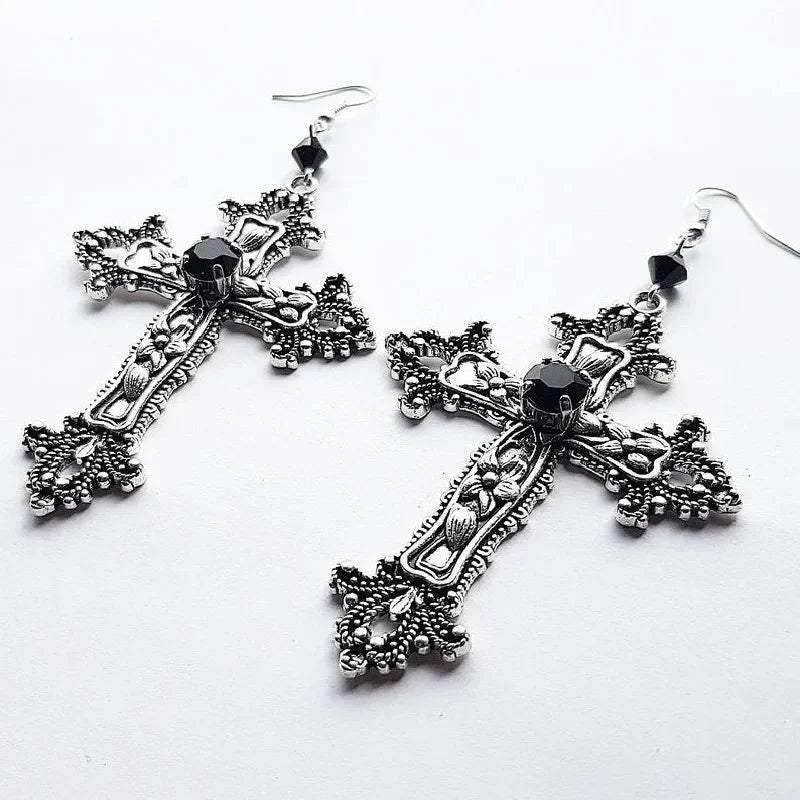 Goth Large Detailed Cross Black Drill Jewel Earrings Silver Color Gothic Punk Jewellery Fashion Gorgeous Statement Women Gift