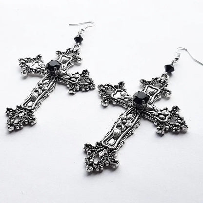 Goth Large Detailed Cross Black Drill Jewel Earrings Silver Color Gothic Punk Jewellery Fashion Gorgeous Statement Women Gift