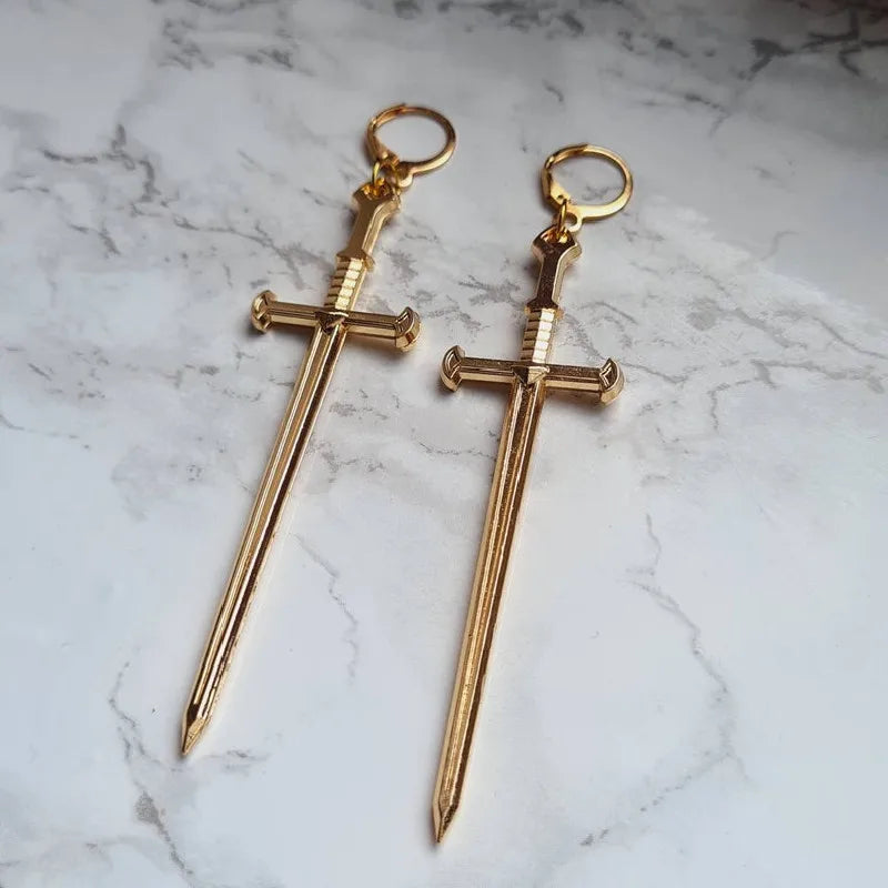 Golden Colour Goth Swords Earrings Long Gothic Medieval Tarot Viking Alternative Statement Women Men Gift Mystical Jewellery