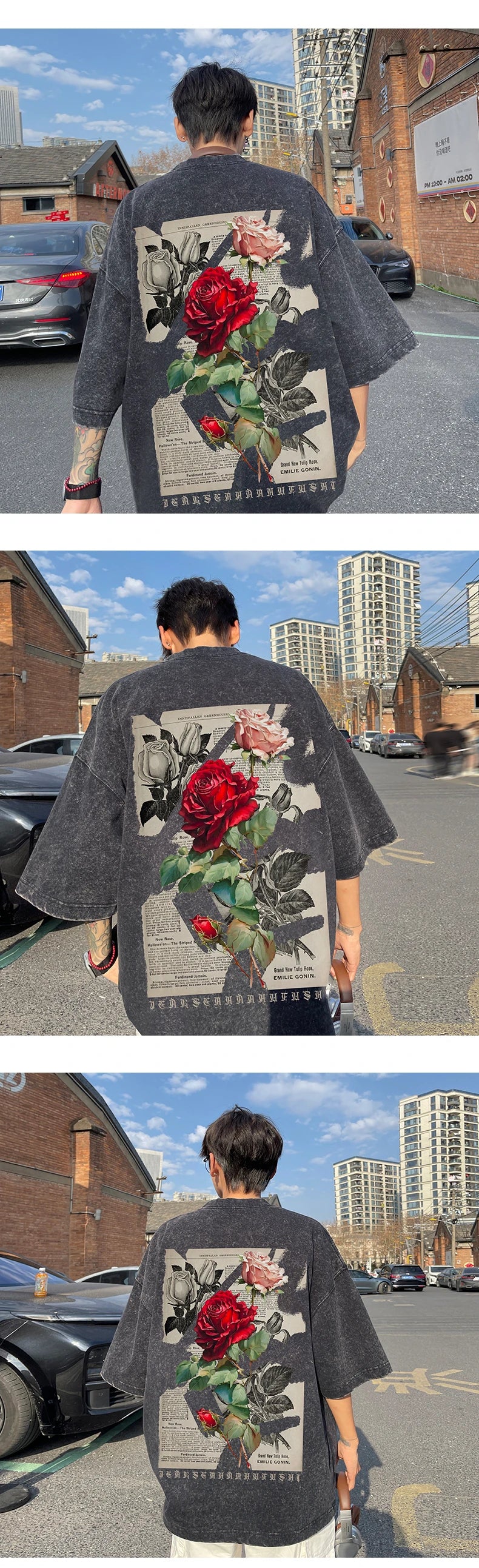 Gothic Washed T-Shirt for Men Vintage Rose Graphic Short Sleeve Tee Tops Hip Hop Street Couple Tshirts Men Women Clothing