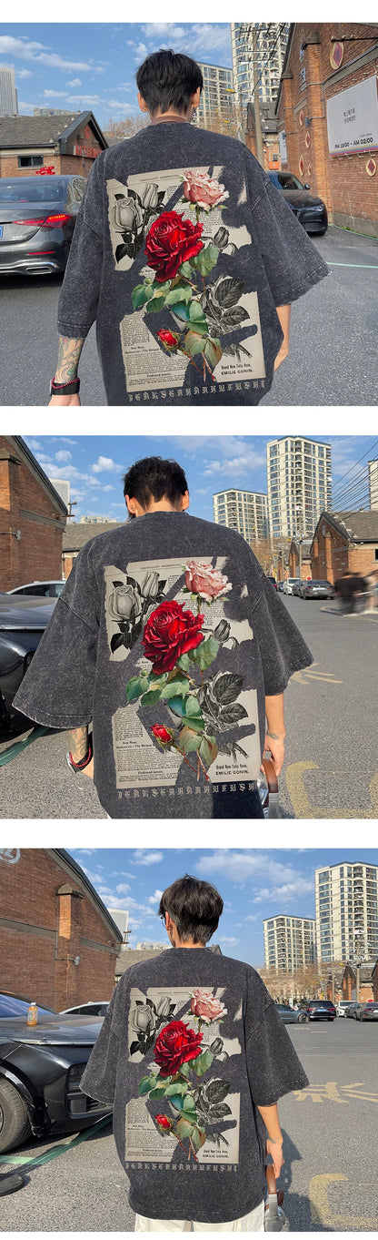 Gothic Washed T-Shirt for Men Vintage Rose Graphic Short Sleeve Tee Tops Hip Hop Street Couple Tshirts Men Women Clothing