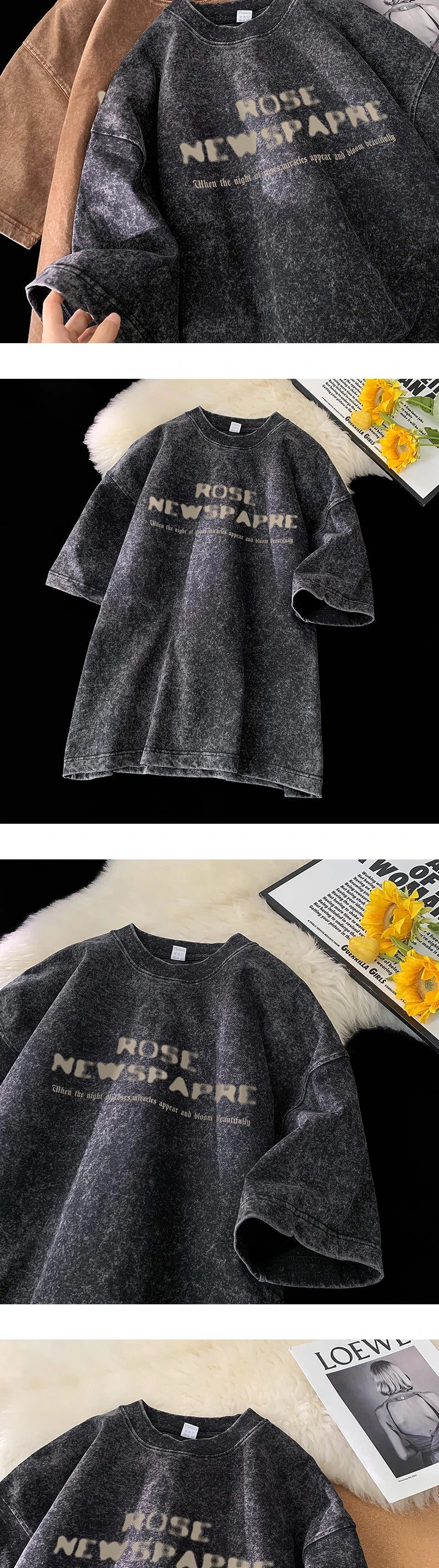 Gothic Washed T-Shirt for Men Vintage Rose Graphic Short Sleeve Tee Tops Hip Hop Street Couple Tshirts Men Women Clothing