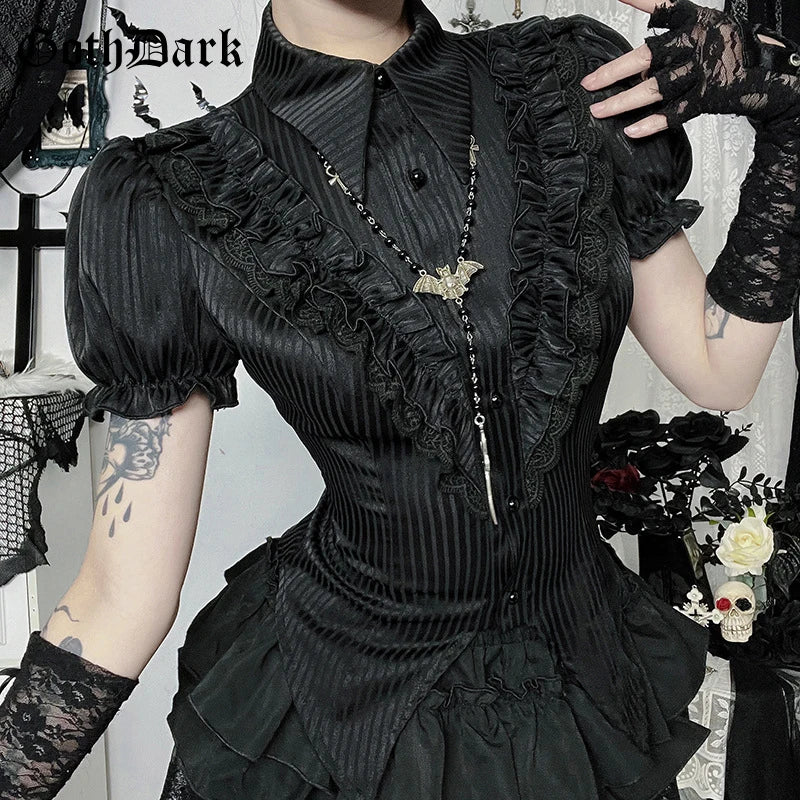 Goth Dark Kawaii Black Short Sleeve Buttons Shirt Lace-up Blouses Mall Gothic Slim Lapel Collar Stripe Shirts Women Alt Techwear